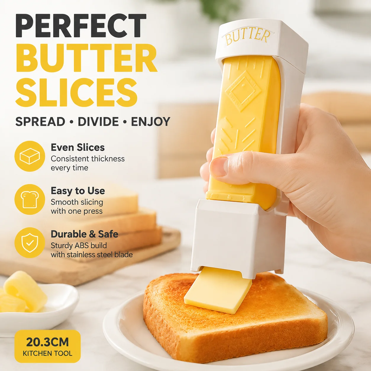 Butter Slicer Cheese Cutter ABS+201 Blade, Yellow Butter Cutter for Spreading and Dividing, 20.3cm Kitchen Tool
