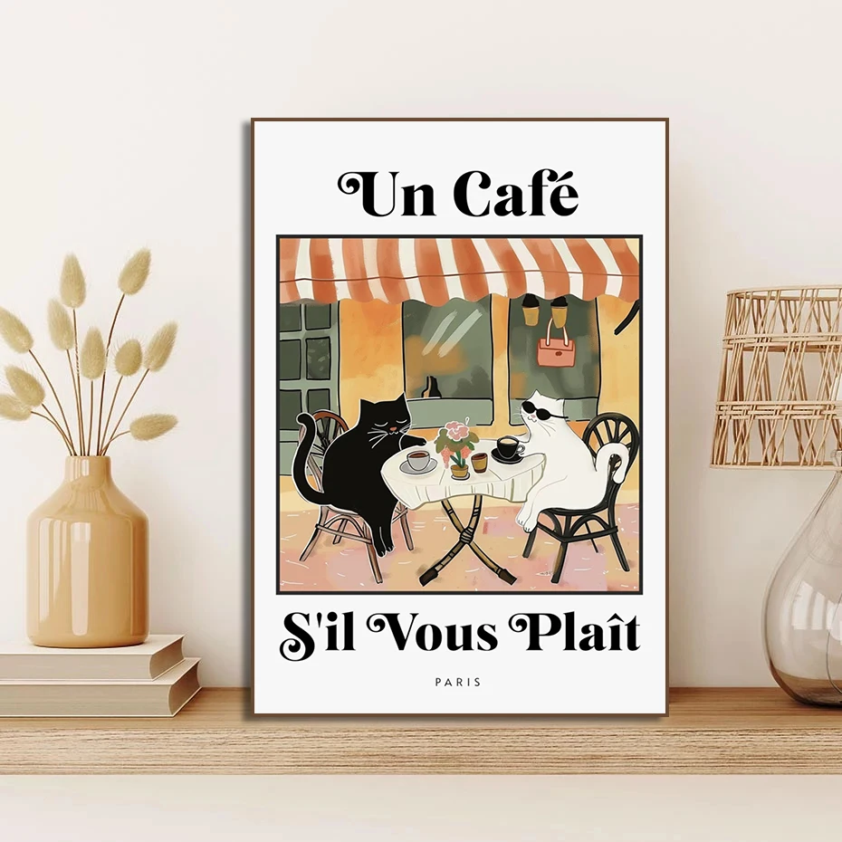 Retro Drink French Cafe Au Lait Cat Bistro Coffee Wall Art Prints Canvas Painting Poster Pictures for Kitchen Room Home Decor