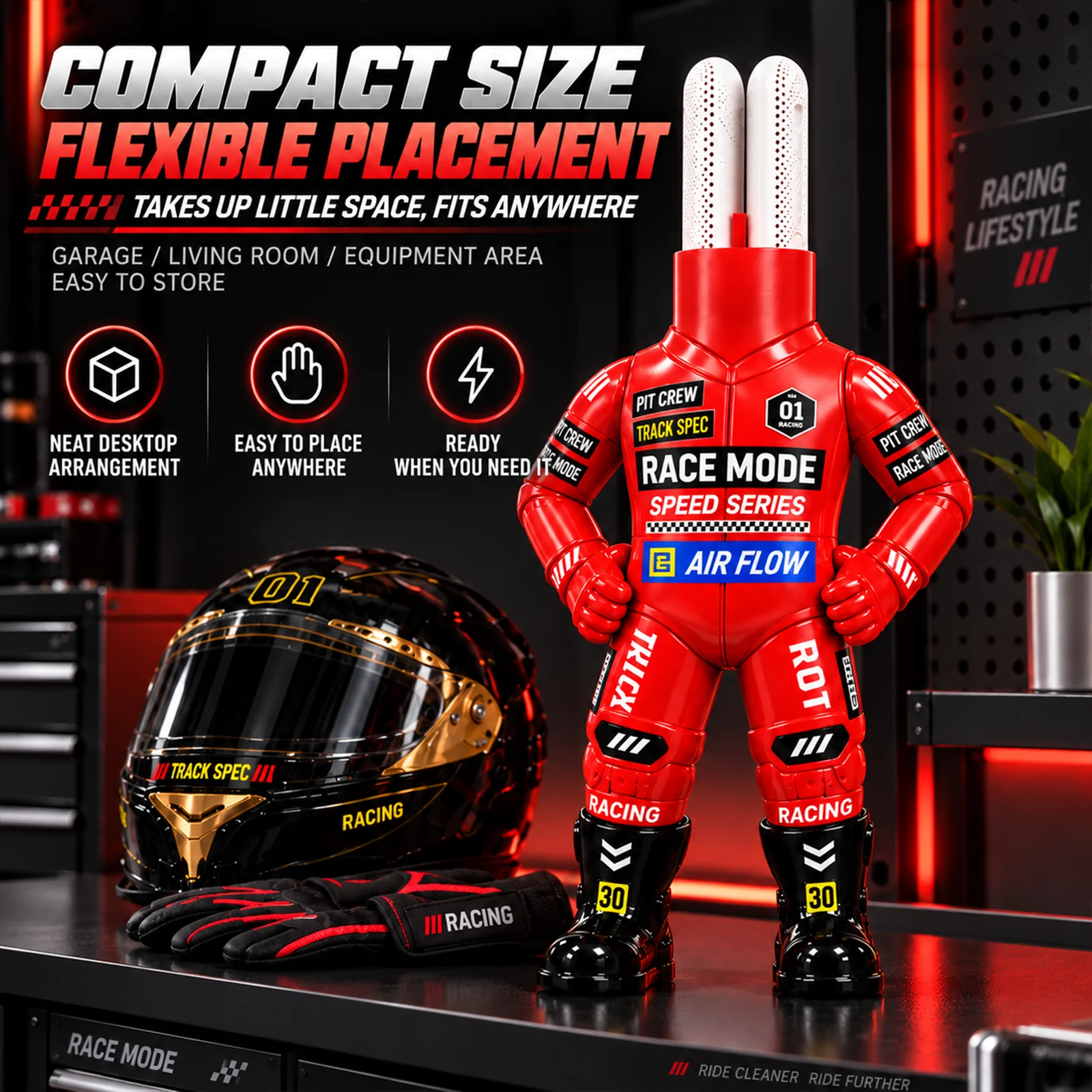 All-in-One Motorcycle Helmet Dryer Racing Figure Shape 360 Circulating Air Drier for Riding Gloves Boots Gear Maintenance