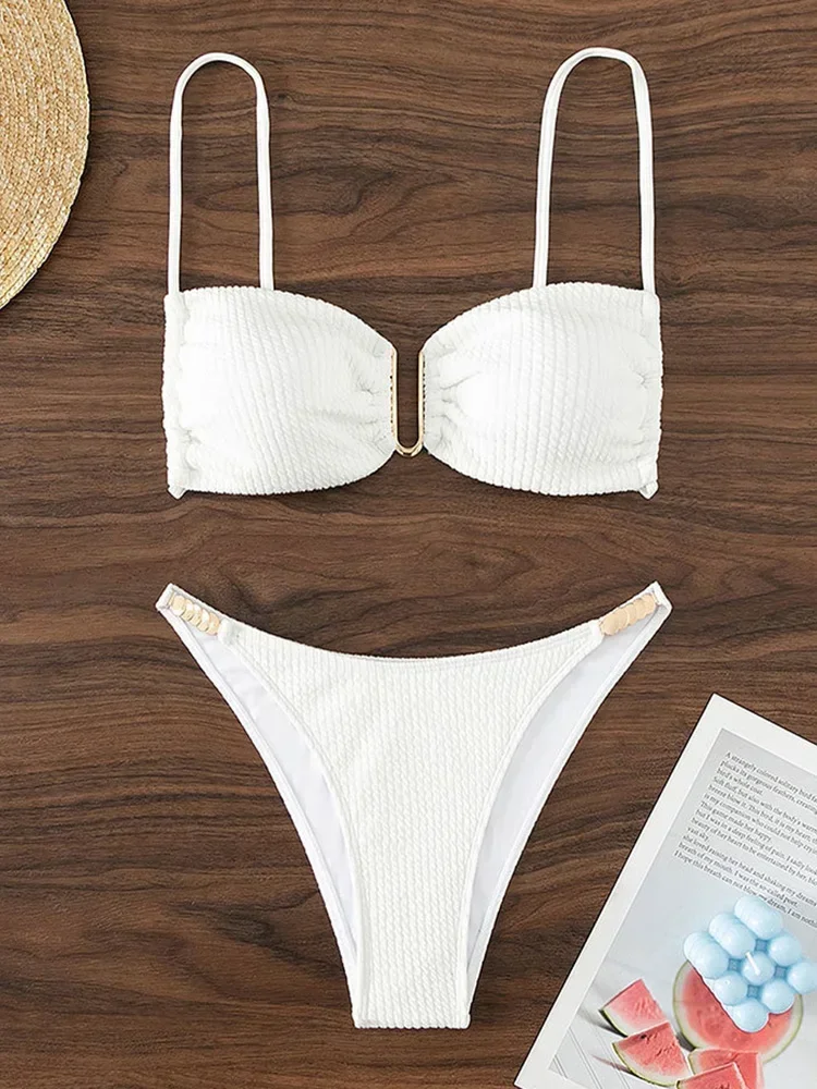 

XS - L U Neck Wrinkled Ribbed Bikini Female Swimsuit Women Swimwear Two-pieces Bikini Set High Cut Bather Bathing Suit Swim Lady