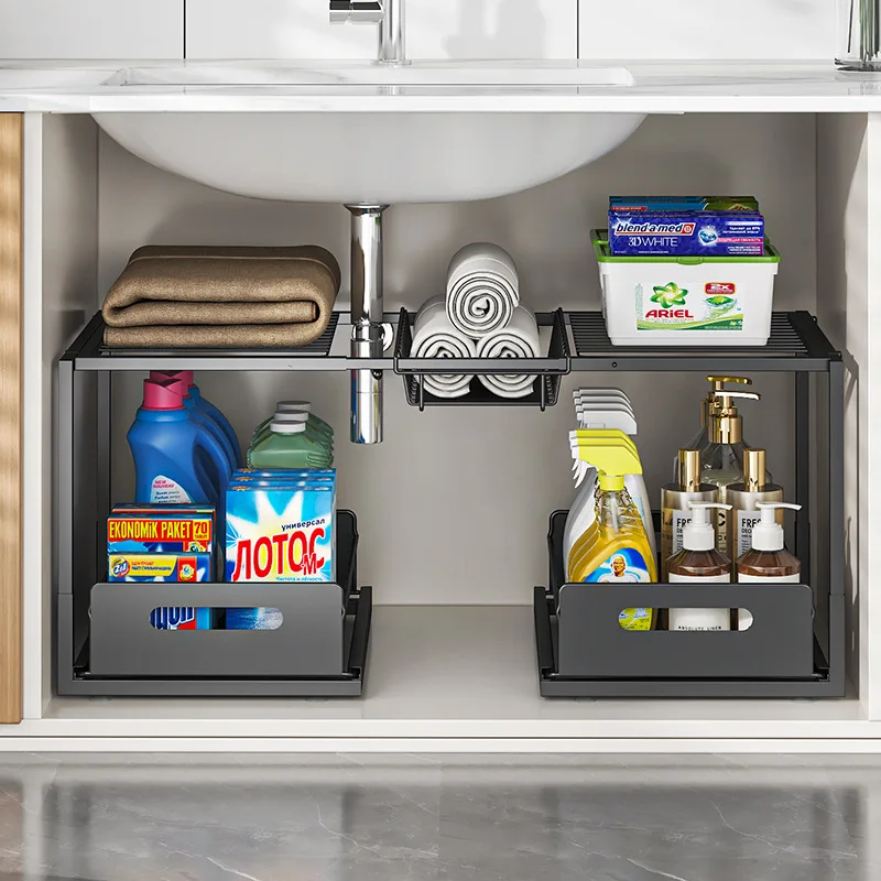 

2-in-1 Detachable Kitchen Sink Cabinet Organizer Multi-functional Multi-layer Rack Spice Pull-out Shelf Storage Rack