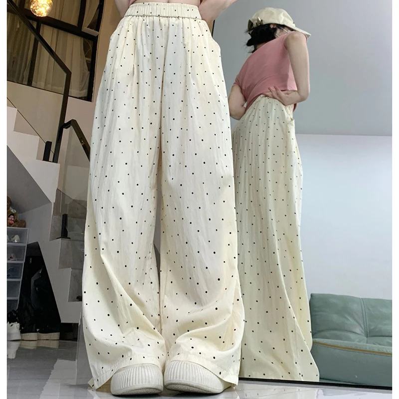 Summer Women Daily Thin Casual Pants Girls Comfortable Baggy Wide Leg Trousers Lady High Waisted Apricot Black Loose Dots Slacks