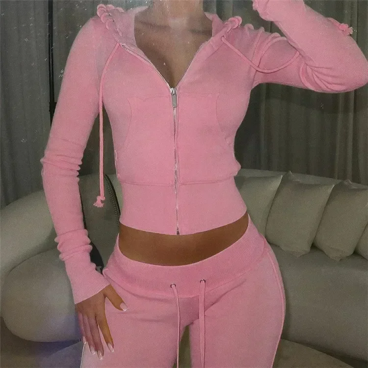 Casual 2 Piece Set Womens Outfit Fitness Sport Tracksuit Fashion Colorblock Hoodies and Knit Sweat Pants Suit