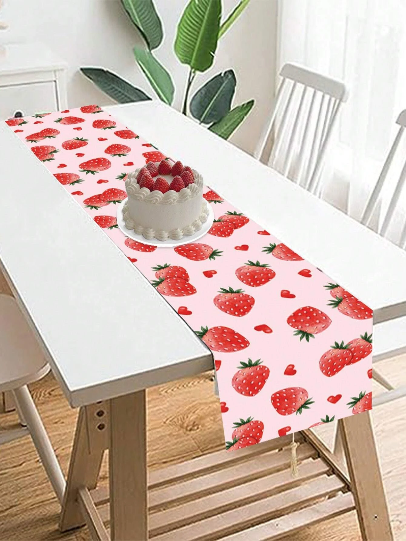 Polyester Strawberry Table Runner,Happy Birthday Party Decorations Summer Fruit Themed Table Runner Holiday  Party Table Decor