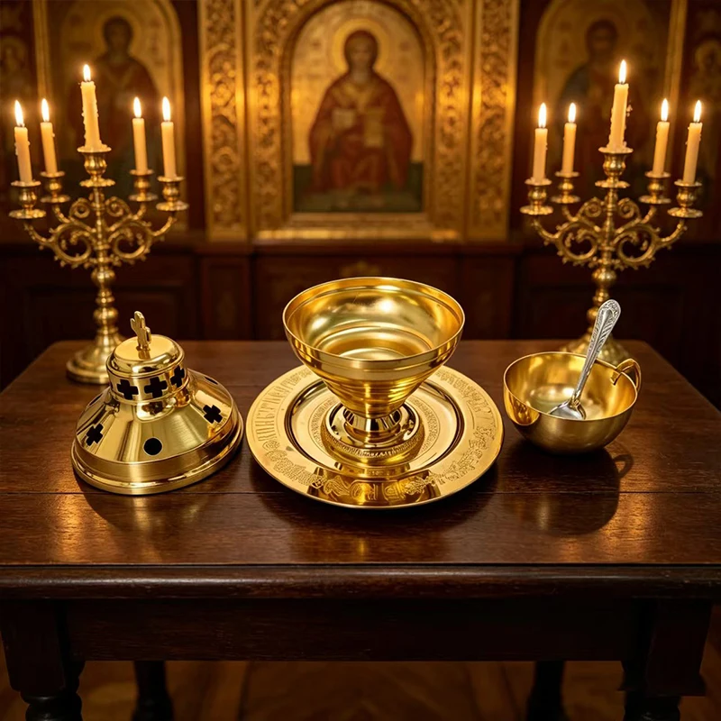 

Vintage Gold Plated Orthodox Incense Burner Censer Set with Tray Spoon for Church Liturgy Home Altar Prayer Devotion Christian