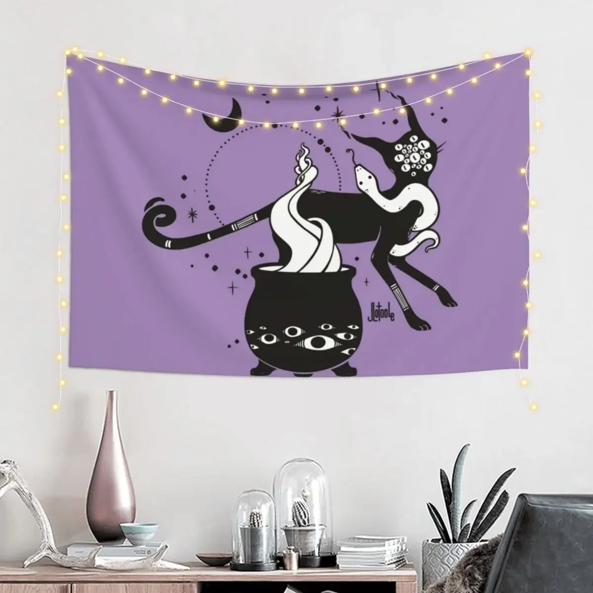 Black Cat Witch With Cauldron, Gothic Art Tapestry Room Aesthetic Room Aesthetic Decor Tapestry