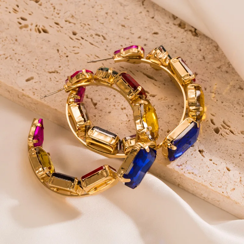 Fashion niche design simple new earrings oval large zircon inner and outer inlaid ring C ring earrings