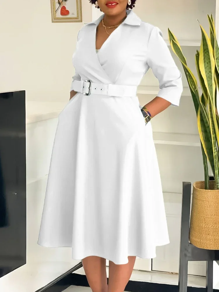 Classy Dresses Elegant Church Women A-line Pleated 3/4 Sleeves V-neck Workwear Modest Office Ladies African Female 2024 Autumn