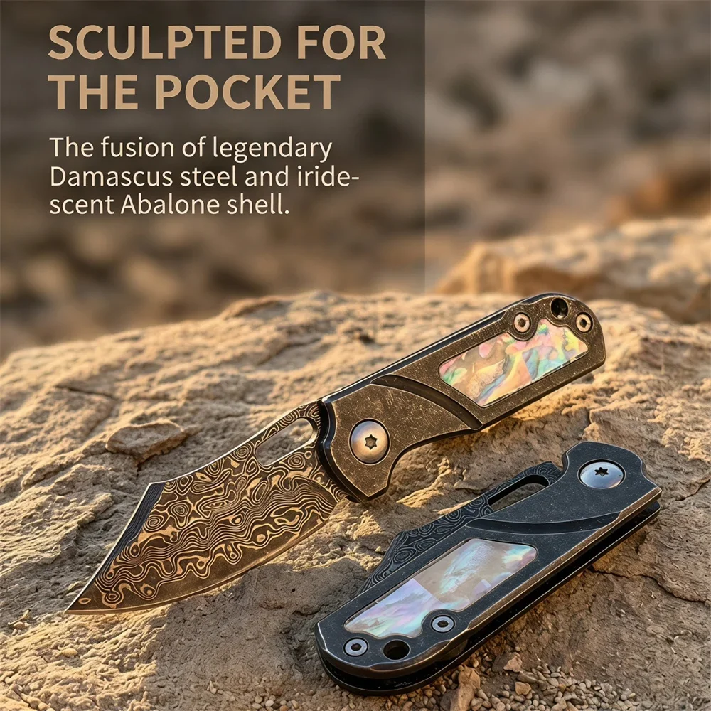 Folding Pocket Knife Damascus Pattern Steel Blade 420 Steel Frame Mother‑of‑Pearl Inlay Handle, Outdoor Portable EDC Daily Carry