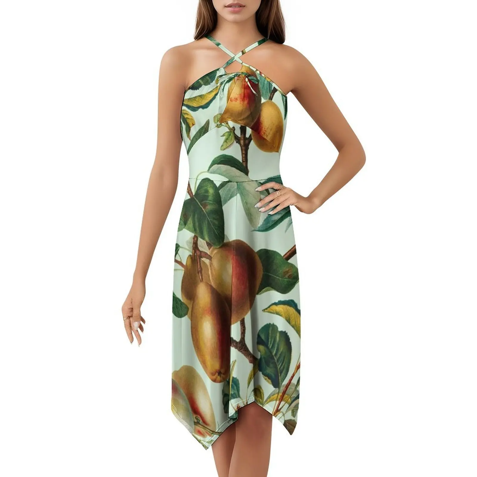 ヴィンテージフルーツパターン Xxvi ヴィンテージボヘミアンドレス パフスリーブまたはノースリーブオプション 女性用ドレス 花柄 ガーデン フォレスト ジャングル