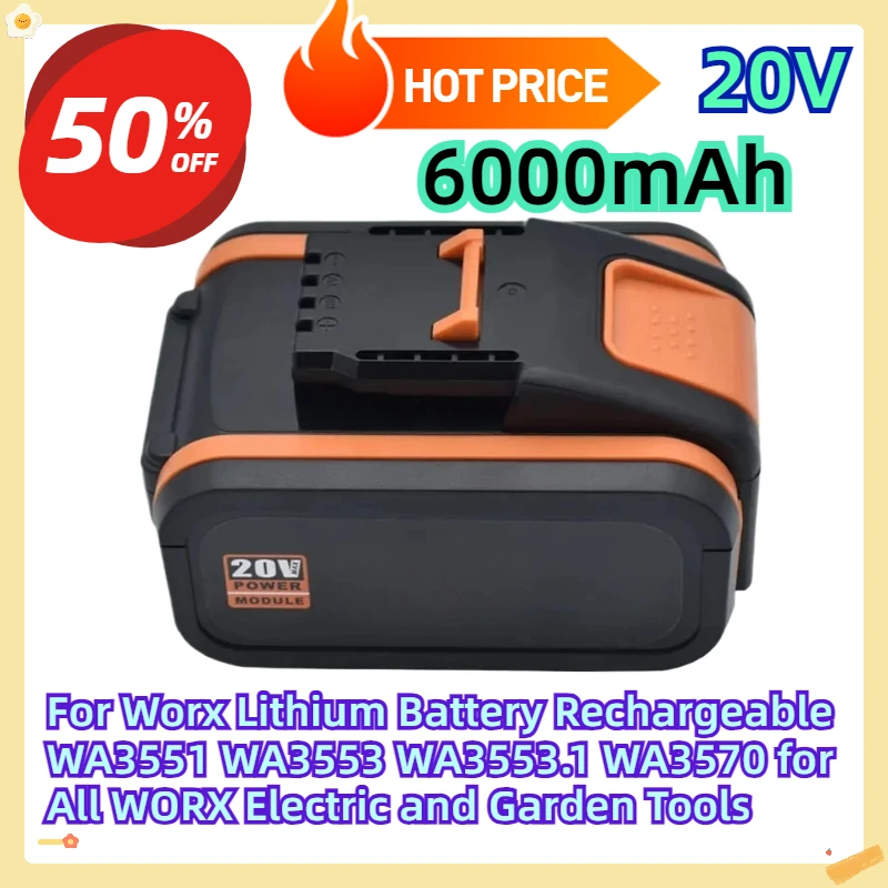 

For Worx 20V 6.0Ah Lithium Battery Rechargeable WA3551 WA3553 WA3553.1 WA3570 for All WORX Electric and Garden Tools