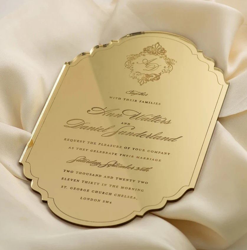 Mirror Gold Plexi Wedding Invitation Engraved Acrylic Invitations Gold Mirror Luxury Boxed Invitation