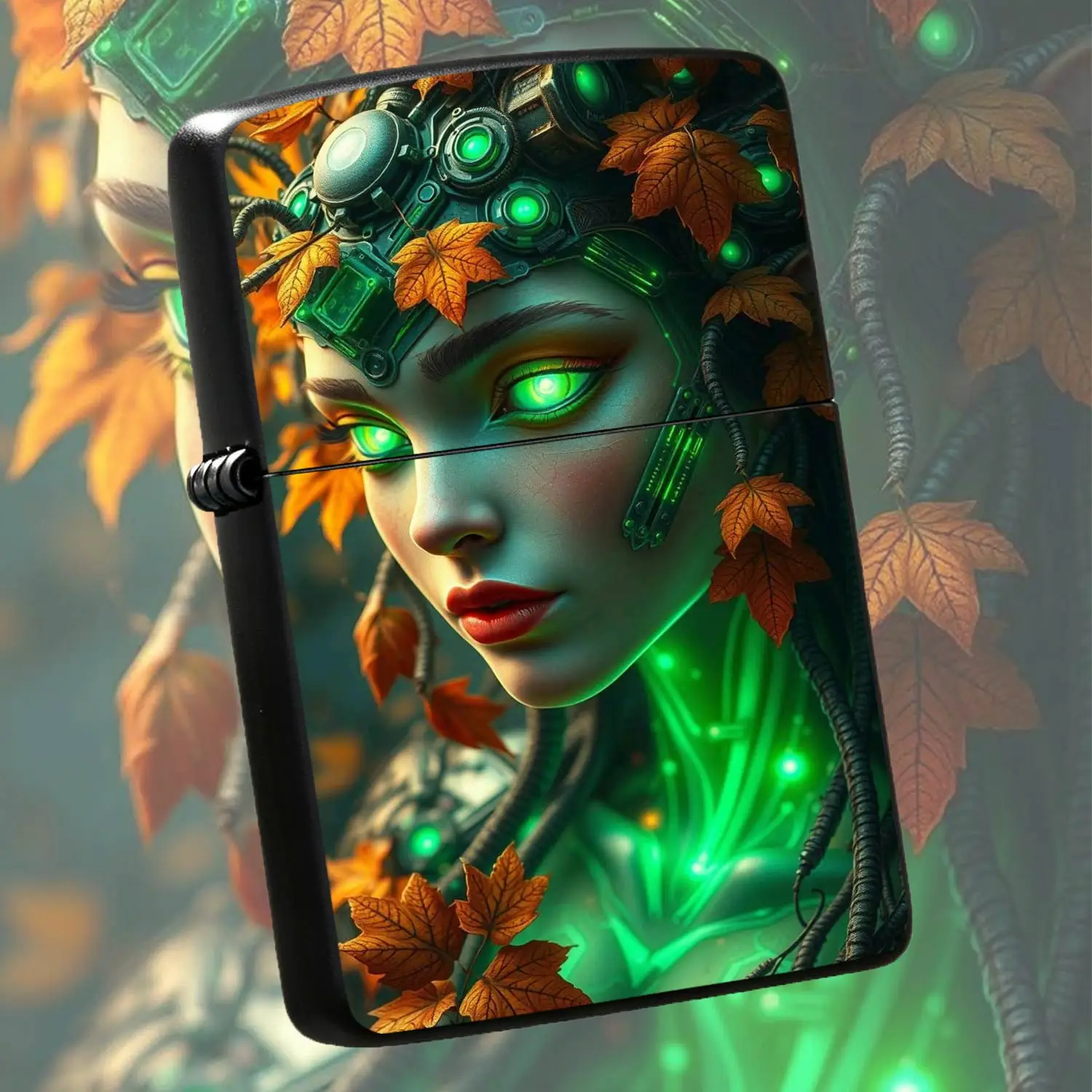 Cyber Autumn Botanical Goddess Themed Lighter, Cool Fluorescent Green Mechanical Artistic Unique Portable Item, Vibe Distinct Decorative Gift, Suitable For Daily Outdoor Gathering Multi Scenarios, Exquisite Print Durable Trendy Individual C