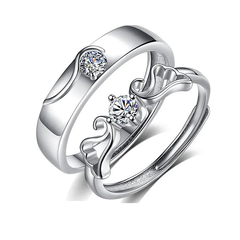 S925 Sterling Silver 0.5ct Moissanite Couple Rings - Angel Wings Series Adjustable