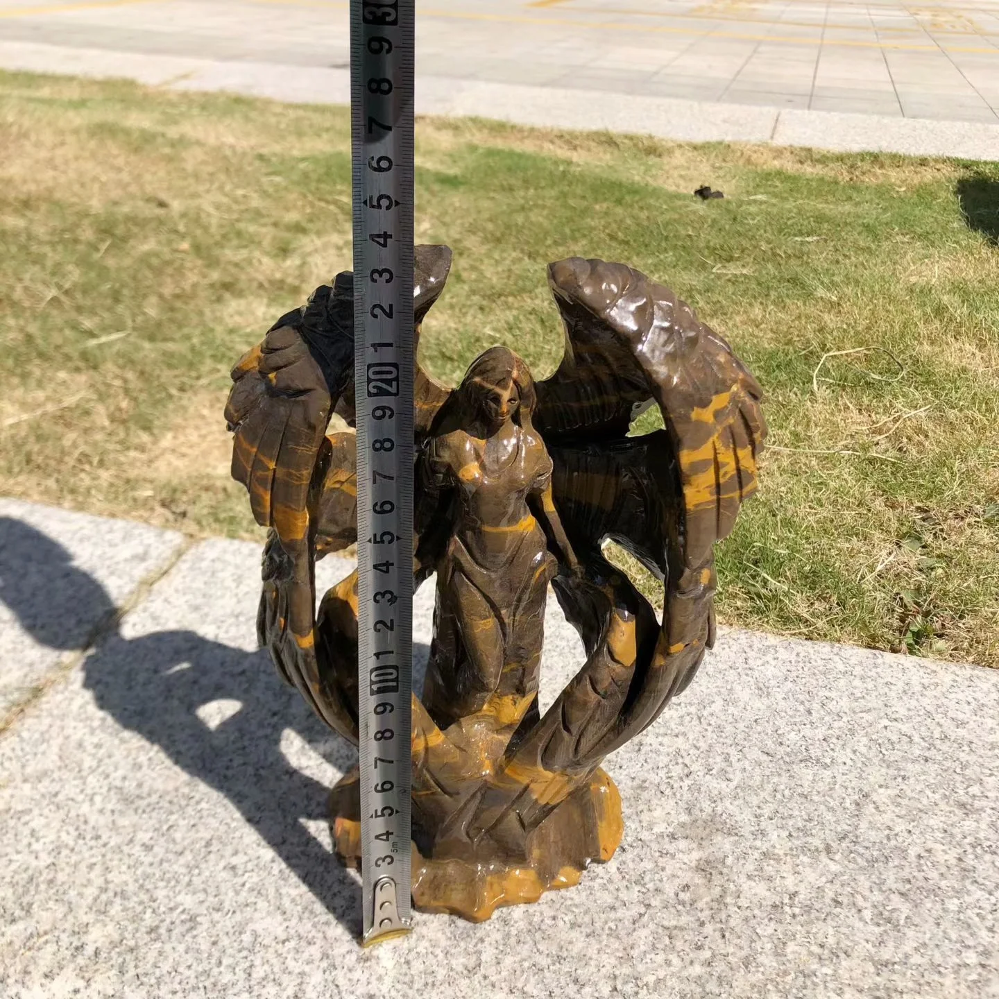 24cm Natural Quartz Jasper Angel Figurine, Large Winged Angel Stone Statue Desktop Altar Home Decoration Craft