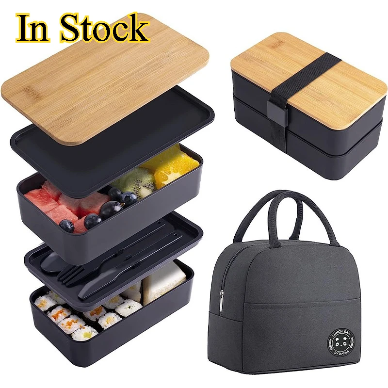 

Bamboo Bento Box with Muli Compartments Stackable Lunch Box with Spoon Fork Knife with Stotage Bag Food Container for Kids