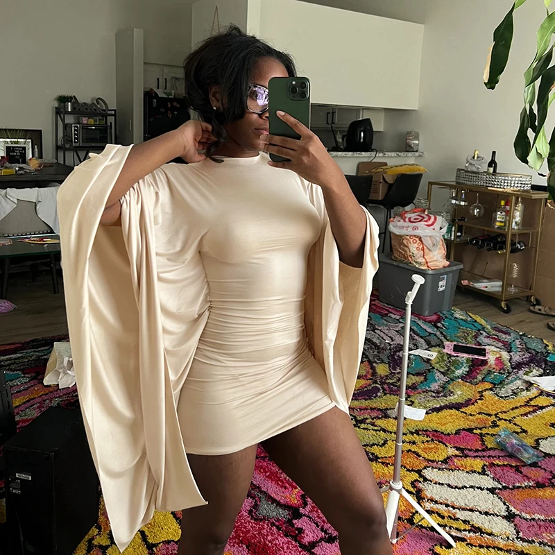 CUTENOVA donna nuovo arrivo tinta unita casual aderente aderente manica a pipistrello manica lunga girocollo moda strada mini abito