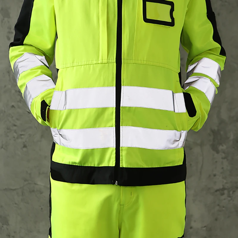 Fluorescerend Geel Arbeid Bescherming Pak Met Hi Vis Reflecterende Strepen Multi Pockets Veiligheid Werk Uniform Jas + Broek Set Mannen