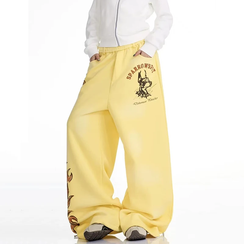Y2K Flame Print Women Wide Leg Pants Autumn Winter American Streetwear Loose Casual Pants Hip Hop All Match Straight Trousers