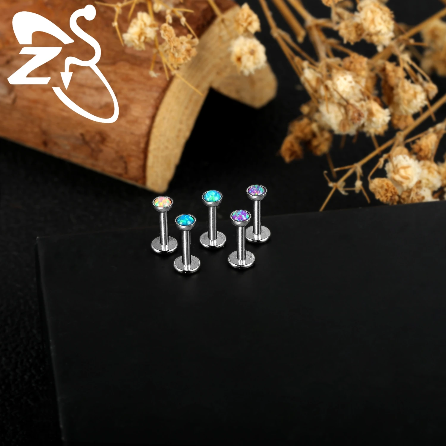 16G Stainless Steel Opal Lip Stud, Internal Thread