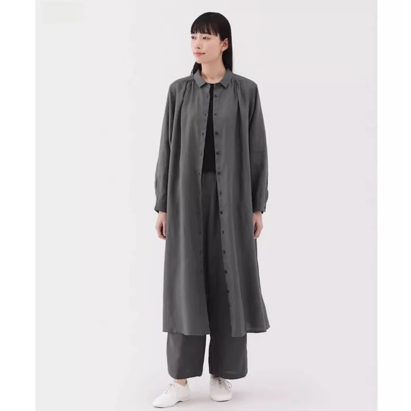 

Свободные женские хлопковые льняные длинные све irt Dr, повседневные универсальные отложные воротники средней длины, осенние новые рукава