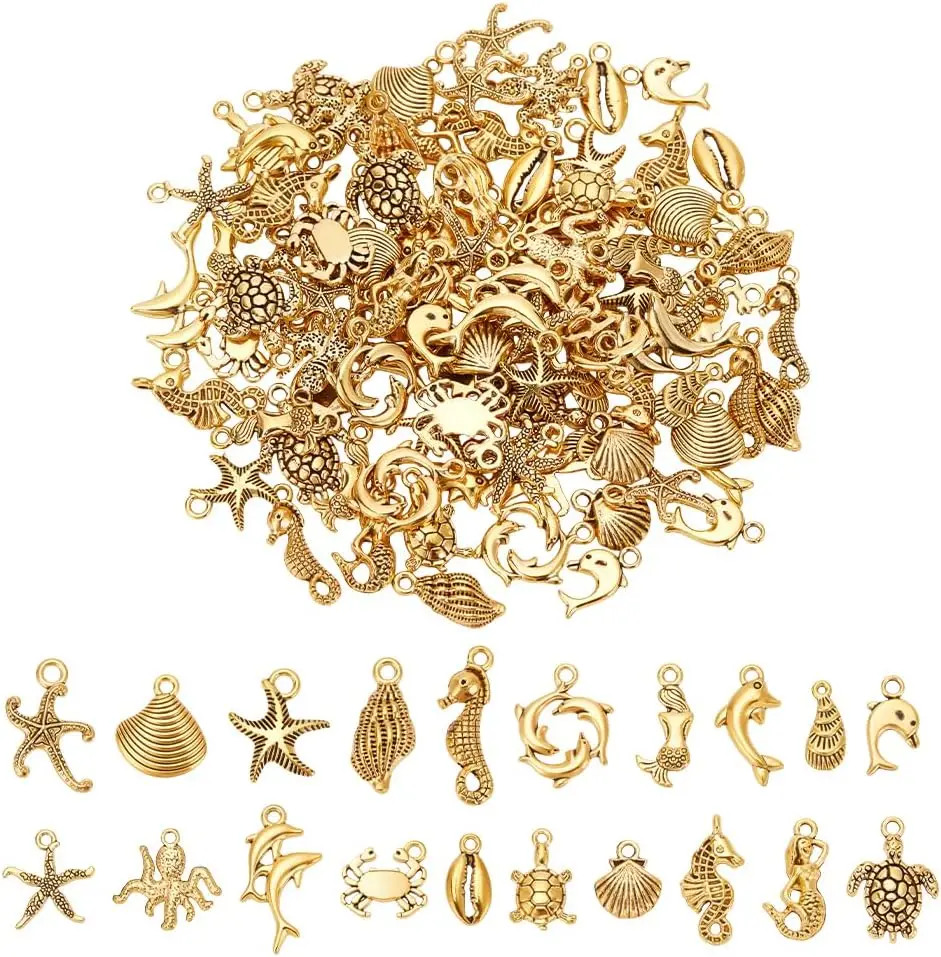 

100Pcs 20 Styles Assorted Ocean Charms Set Seashells Starfish Conch Dolphin Pendant Set Tibetan Style Pendants Ocean Life Seafis