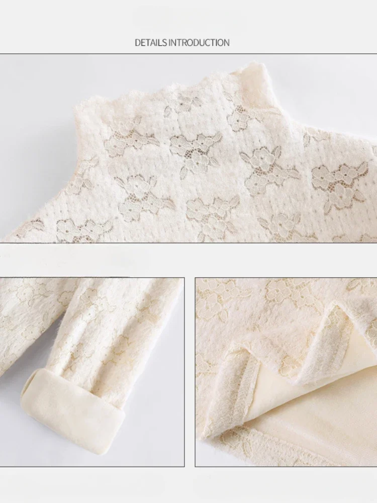 French Romantic Lace Long Sleeve T-shirt Base Shirt Women's High Neck Thickened Warm Elastic Large Top T Shirt Women Y2k Top — zdjęcie 6
