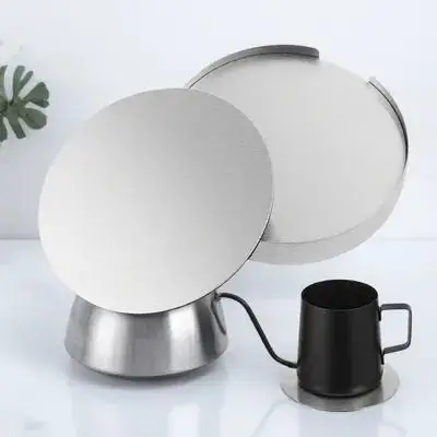 

Non Slip Stainless Steel Coasters 6 Pcs Round Cup Mats with Holder 10X10cm Table Placemats Silver Home Kitchen Accessory