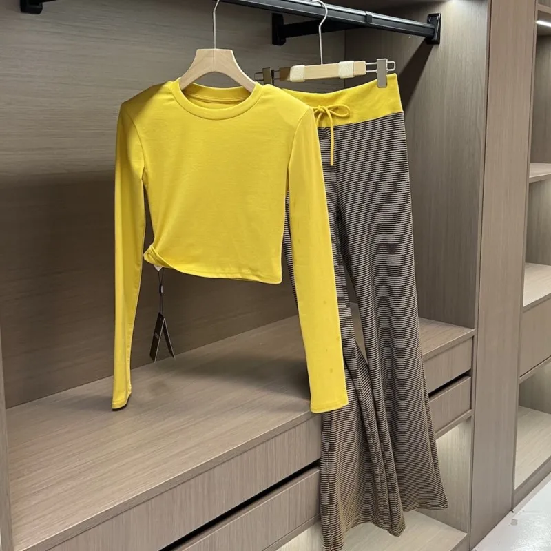 Yellow Long Sleeve T-shirts And High Waist Wide Leg Pant Set 2025 New O-neck Slim Tee Top + Loose Trouser Women Suit Outfits