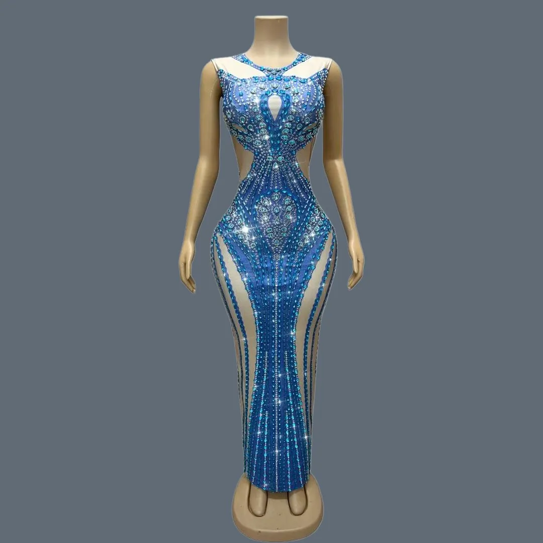 

Women Luxury Sexy Sparkly Blue Rhinestone Sleeveless Elastic Long Dress Elegant Party Birthday Party Gown Stage Wear Lanshuicai