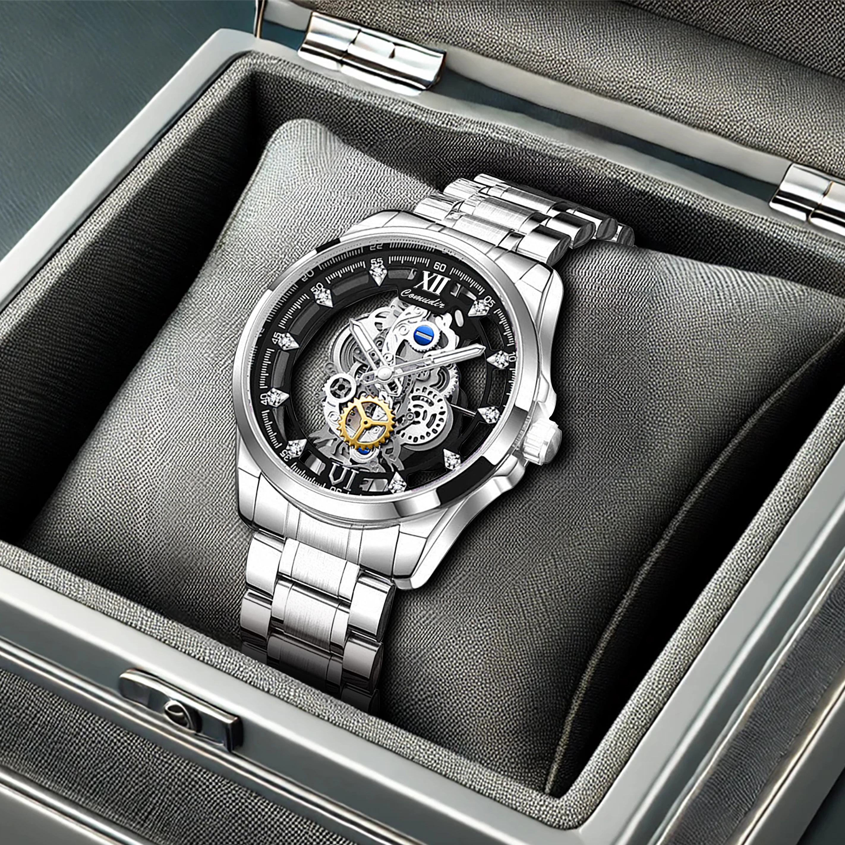 

New men's watch with silver black steel strip, simple and fashionable style, night light, hollow scale quartz watch