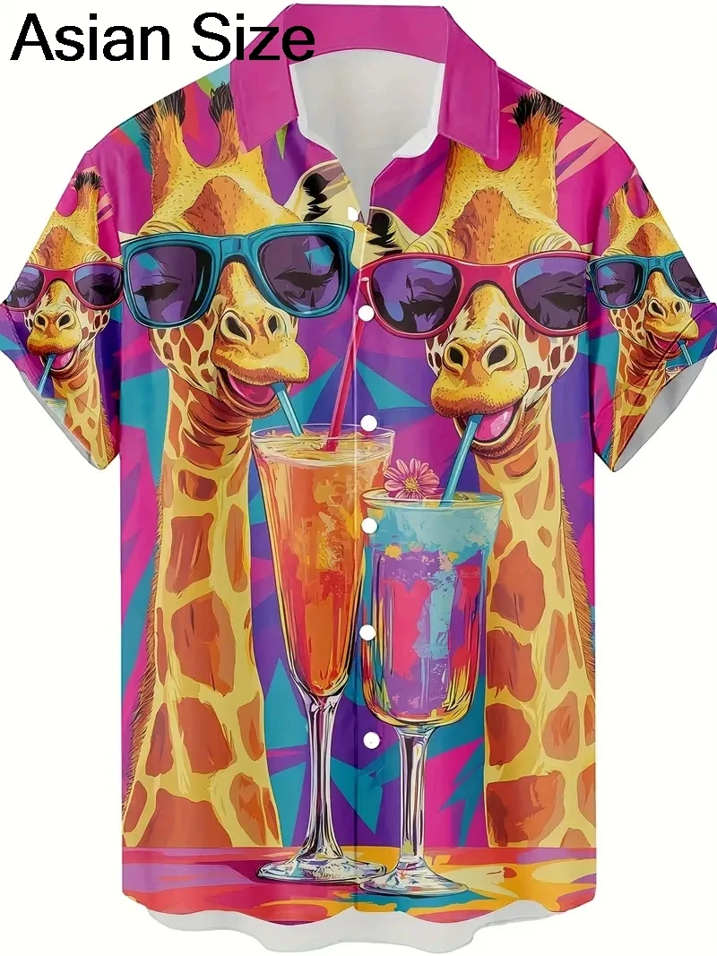 Men's 3D Printed Informal Hawaiian Shirt with Interesting Monkey, Giraffe, and Cat Patterns Button Up Collar Plus Size Shirt