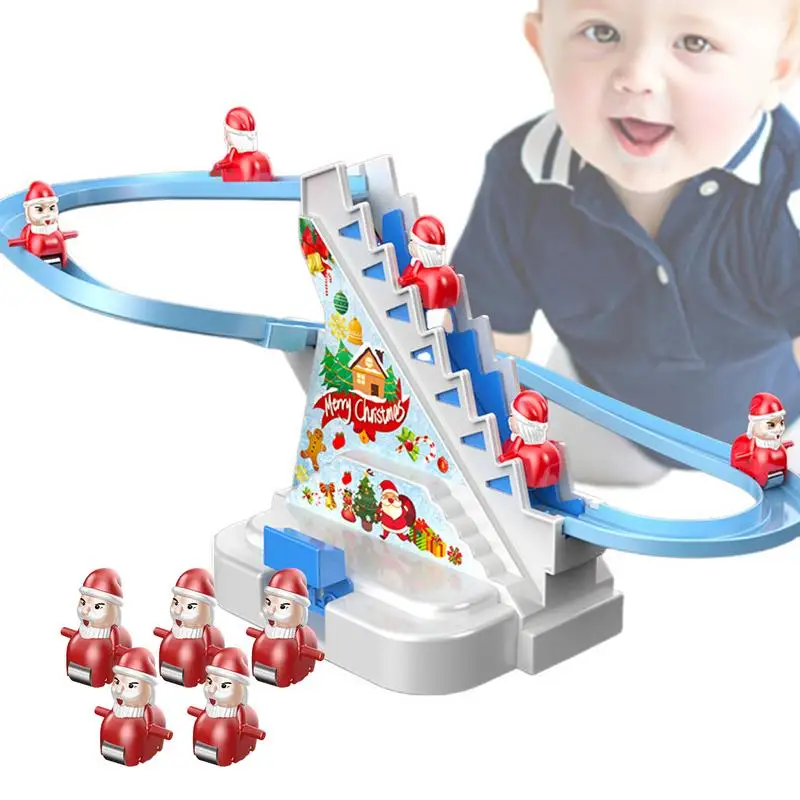 Christmas Santa Climbing Toy Christmas Electric Santa Claus Doll Batteries Powered Electric Track Slide Stairs Roller Coaster