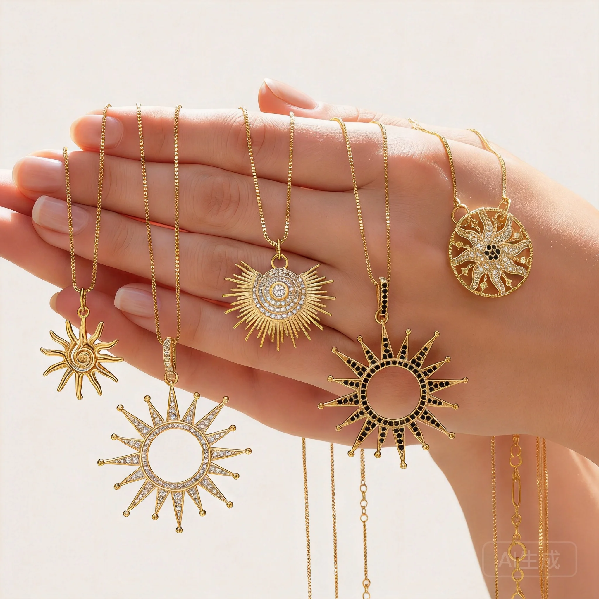 Chinese Style Lucky Auspicious Sun Pendant Necklaces Inlaid Shiny Zircon Hollow Out Punk Biker Style Blessing Wealth Attracting