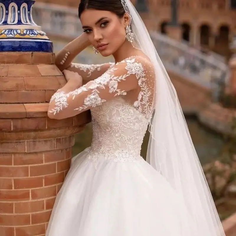 Lorencia Gorgeous White Long Sleeve Wedding Dress Luxury Appliques Lace Crystal Beaded Bridal Bride Gown Vestidos De Novia YAW78