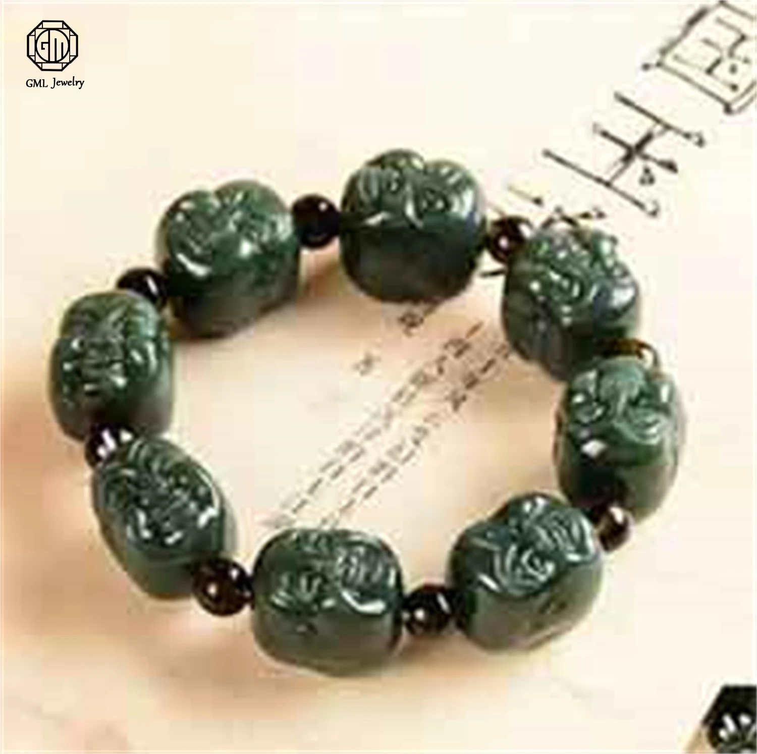 Xinjiang Hetian Dark Green Nephrite Jade Bracelet Men Lotus Walnut Pixiu Road Open Beaded Strand Chunky Masculine Natural Stone