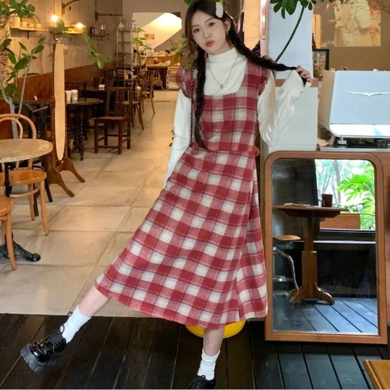 

Women Dress Sets Square Collar Vintage Plaid High Waist Dresses + Solid Color Long Sleeve Basics T-shirts Two Piece Sets Female