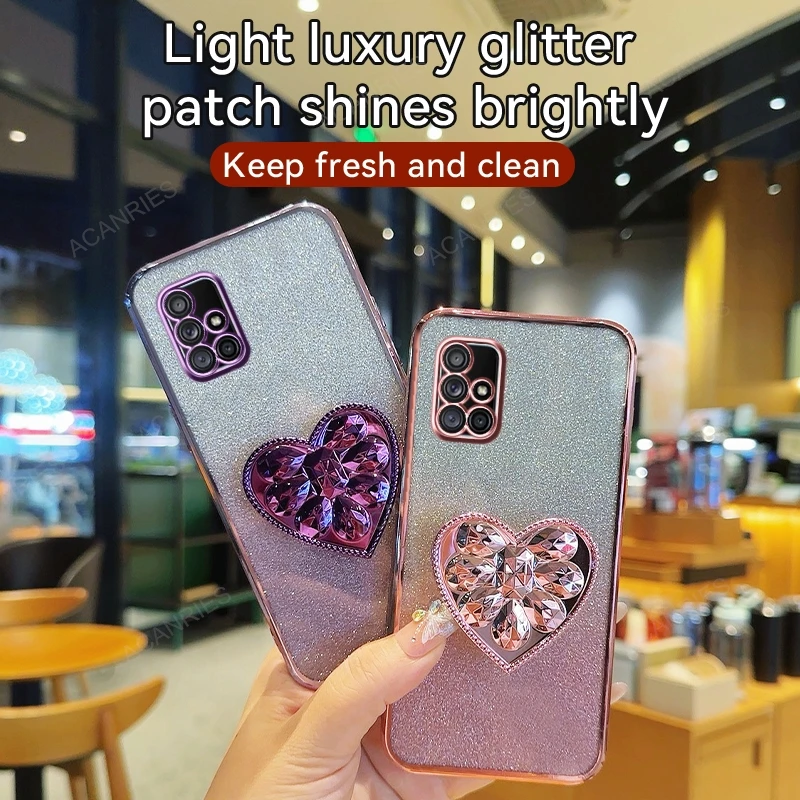 For Samsung Galaxy A71 4G A51 A31 A21s A03s A02s A11 Heart Stand Glitter Plating Silicone Soft Case A 71 51 31 21s Protect Cover