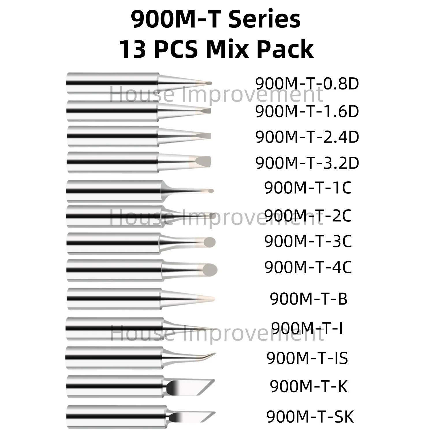 13PCS 900M-T Mix Pack Soldering Iron Tips IS/I/B/K/SK/0.8D/1.6D/2.4D/3.2D/1C/2C/3C/4C Lead-Free Welding Tips Head