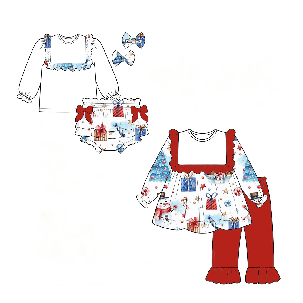 Baby Girls Christmas Outfit Square Neck Ruffle Top Tiered Bloomer Shorts Sets Santa Gingerbread Xmas Infant Holiday Clothes