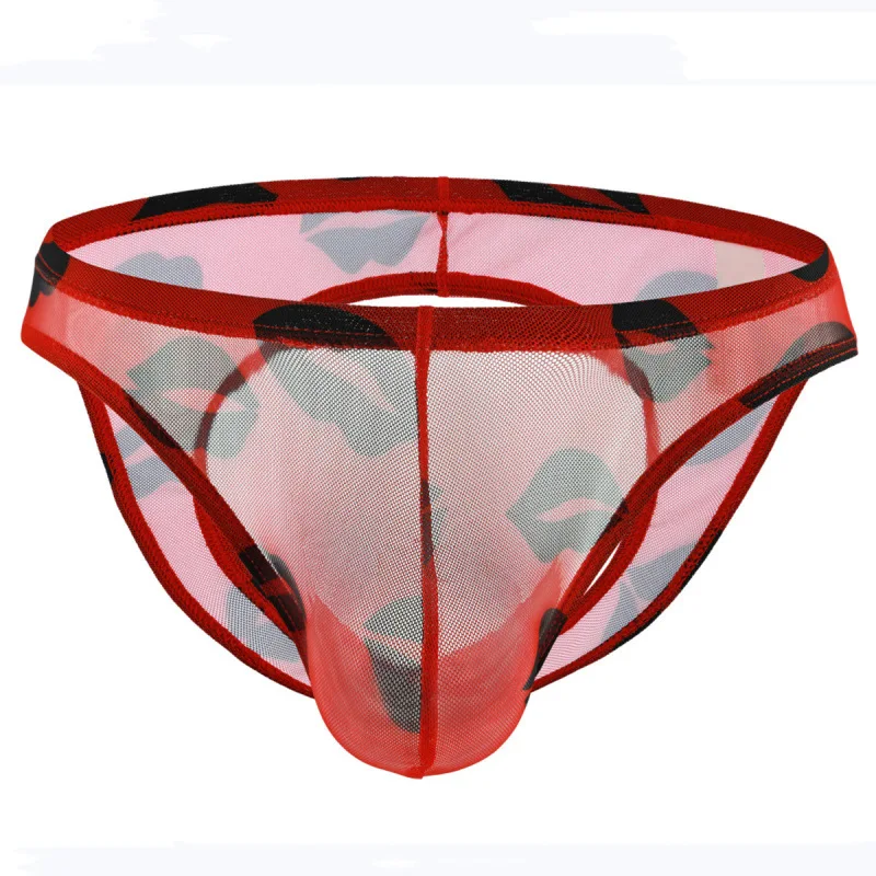 Men's Bulge Jockstrap Gays Sexy Lip Print Mesh Briefs Sissy Low Rise See-Through Backless Thong Breathable Sheer U Pouch Panties