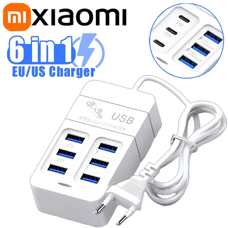 Xiaomi-Chargeur USB 6 en 1, 35W PD Type C, Charge Rapide, Adaptateur Mural pour Téléphone, QC3.0 airies, Prise EU US