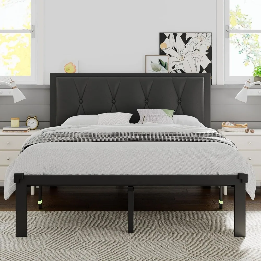 Full Size Metal Bed Frame, Platform Bed with Faux Leather Button Tufted Headboard, 12 Underbed Storage, Steel Slats Support, No