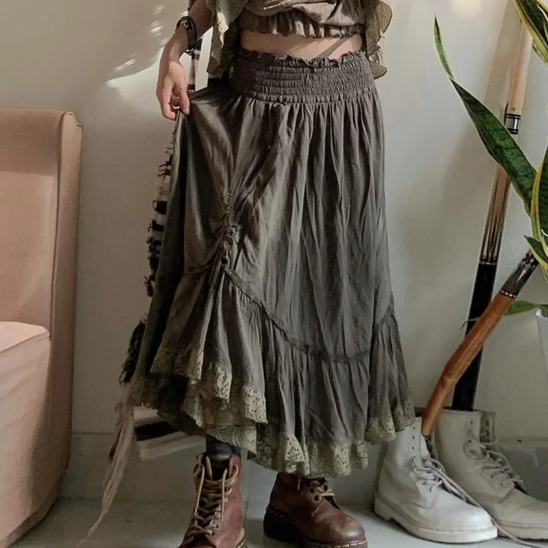 WOWOOTD  Fairy Lace Splice Shirring Midi Skirts Retro Y2k Grunge Ruffles Asymmetric Bottoms Goblincore Streetwear Long