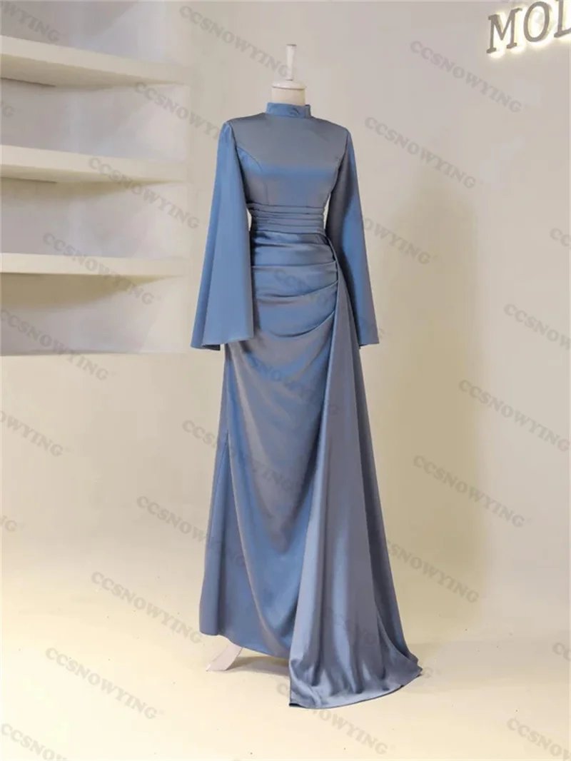 Burgund Satin High Neck Muslimischen Abendkleid Langarm Hijab Islamischen Formale Party Kleider Arabisch Dubai Frauen Roben De Soirée