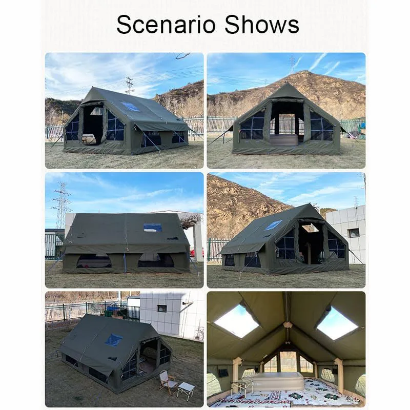 129 SqFt2 خيمة تخييم قابلة للنفخ باللون الأخضر العسكري مع قماش القنب، خيمة هوائية 4 فصول مقاومة للماء مع حصيرة نزهة وبطانية حريق #5