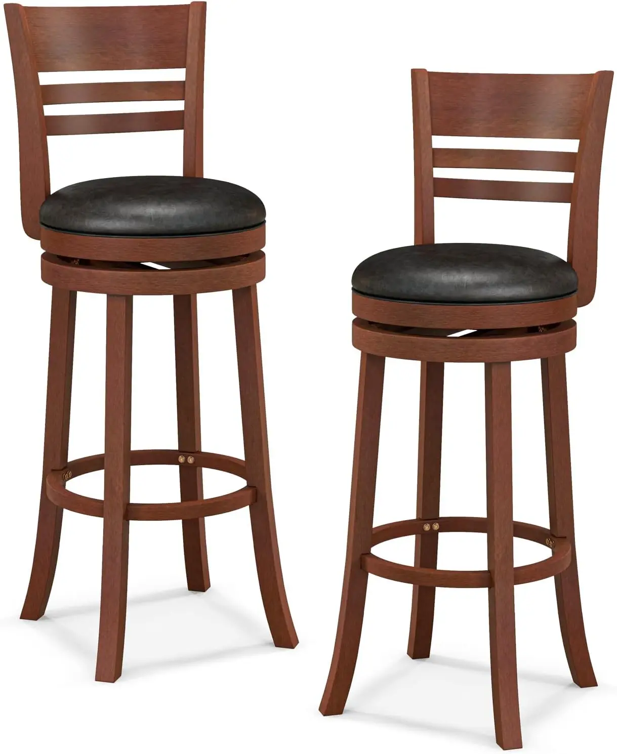 Costway Bar Stools, 360-Degree Swivel Bar Chairs With Pu Upholstered Seats, Solid Rubber Wood Backrests, Footrests & Legs, Bar