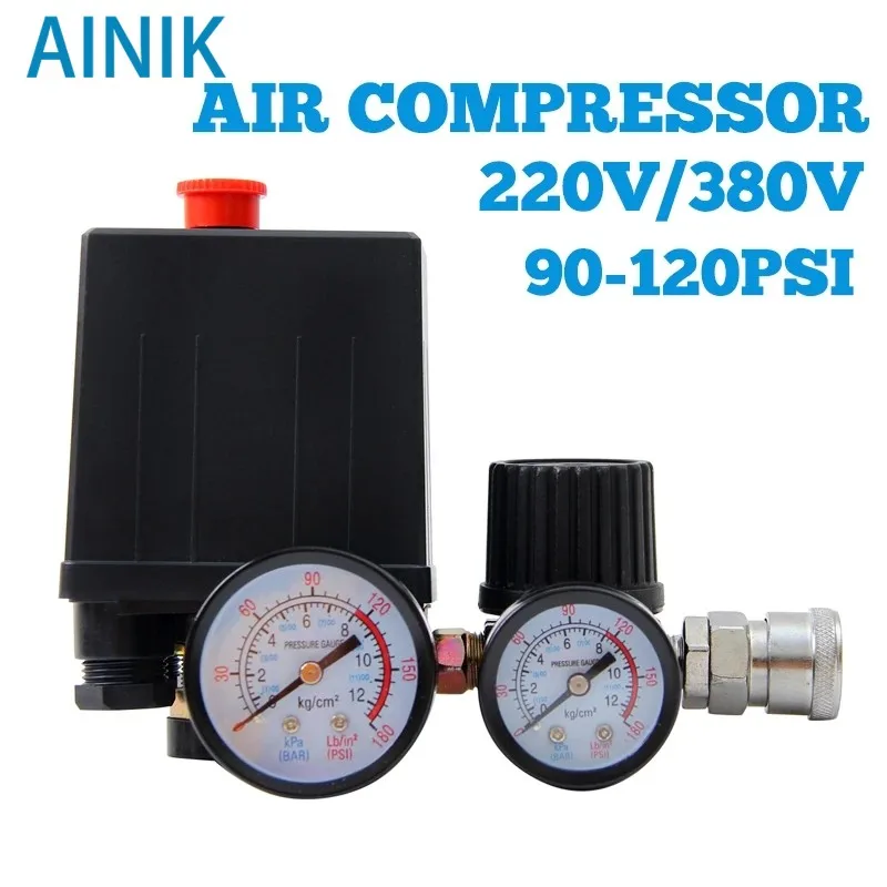 

220V/380V 4 Port Regulator Duty Air Compressor Pump Pressure Control Switch Air Pump Control Valve 90-120PSI With Gauge