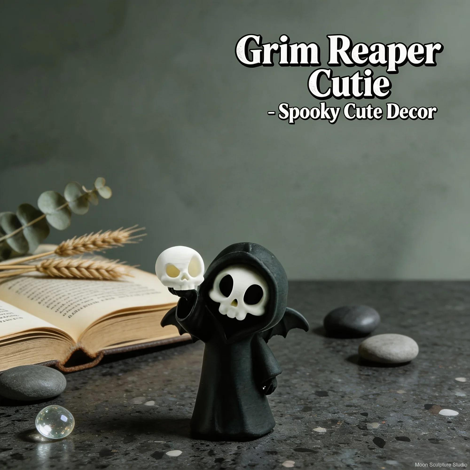 Mini-Sensenmann-Figur aus Harz mit Flügeln, Niedliche Skelett-Statue mit Totenkopf, Gotische Schreibtisch-Dekoration für Halloween-Partys – Detail 2