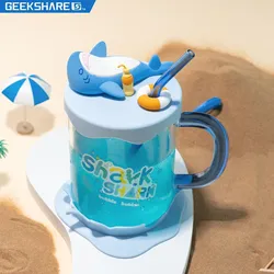 Geekshare Big Shark Cup Large Capacity Round Transparent Cute Cups Summer Drink Cups with Straw 800ml Gift for Friend